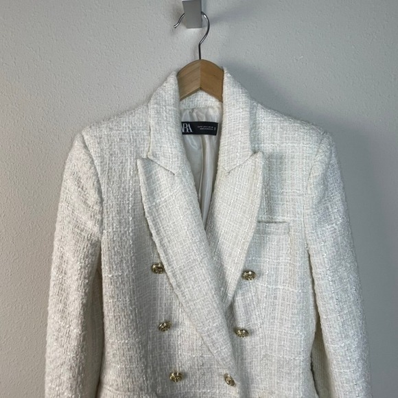 ZARA Double Breasted Tweed Blazer Gold Button ASO Kate Royal Ecru White S - Picture 5 of 12